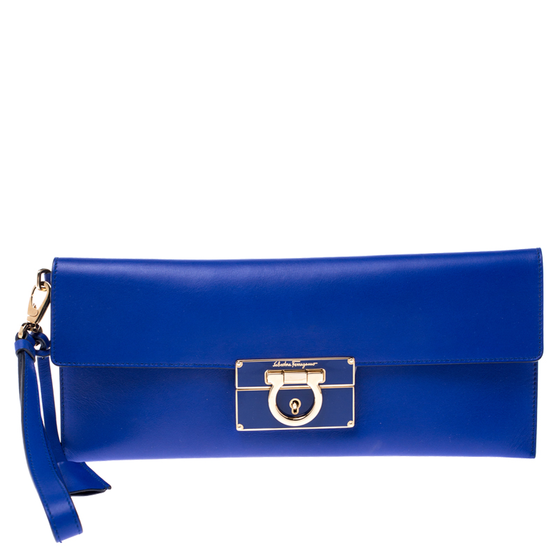 Pre Owned Salvatore Ferragamo Blue Leather Afef Gancio Clutch