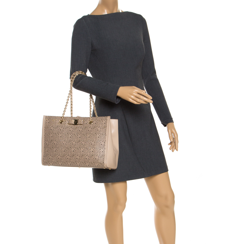 

Salvatore Ferragamo Beige Laser Cut Leather Chain Tote