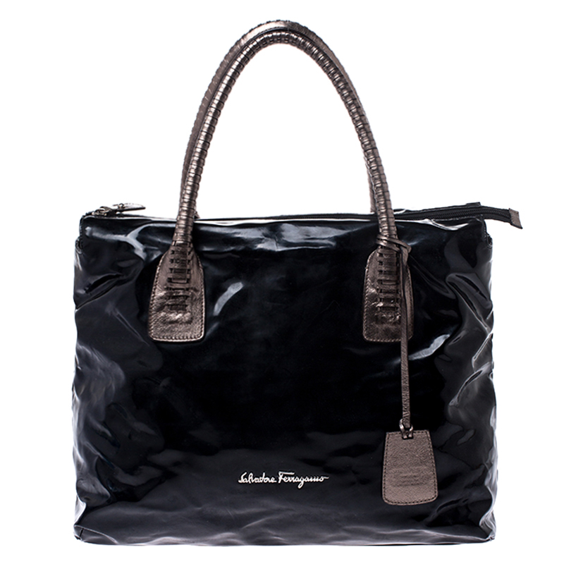 Pre Owned Salvatore Ferragamo Black Patent Leather Shopper Tote