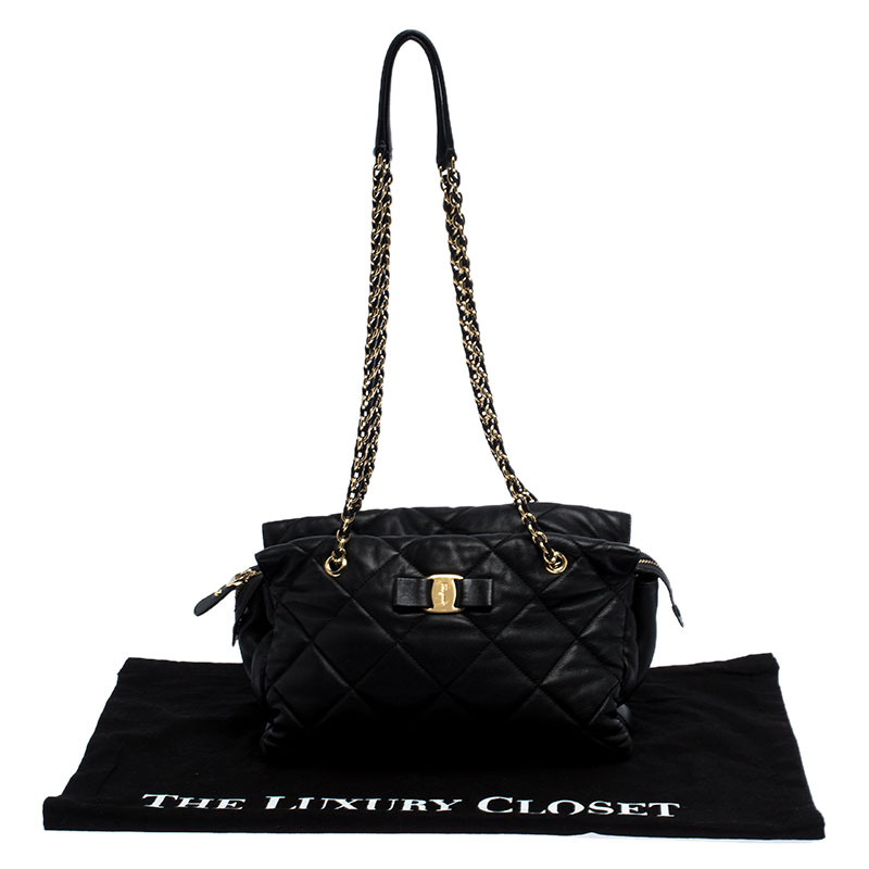 Pre-owned Salvatore Ferragamo Black Quilted Leather Ginette Chain Shoulder Bag