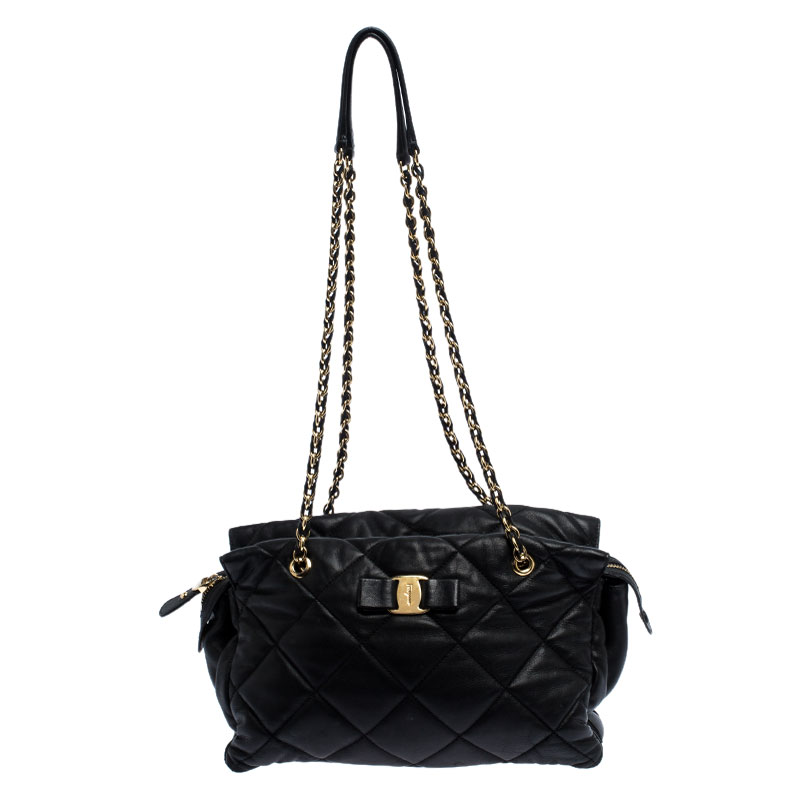 Pre-owned Salvatore Ferragamo Black Quilted Leather Ginette Chain Shoulder Bag