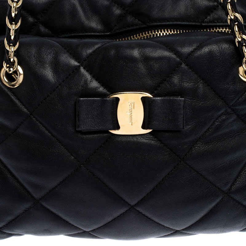 Pre-owned Salvatore Ferragamo Black Quilted Leather Ginette Chain Shoulder Bag