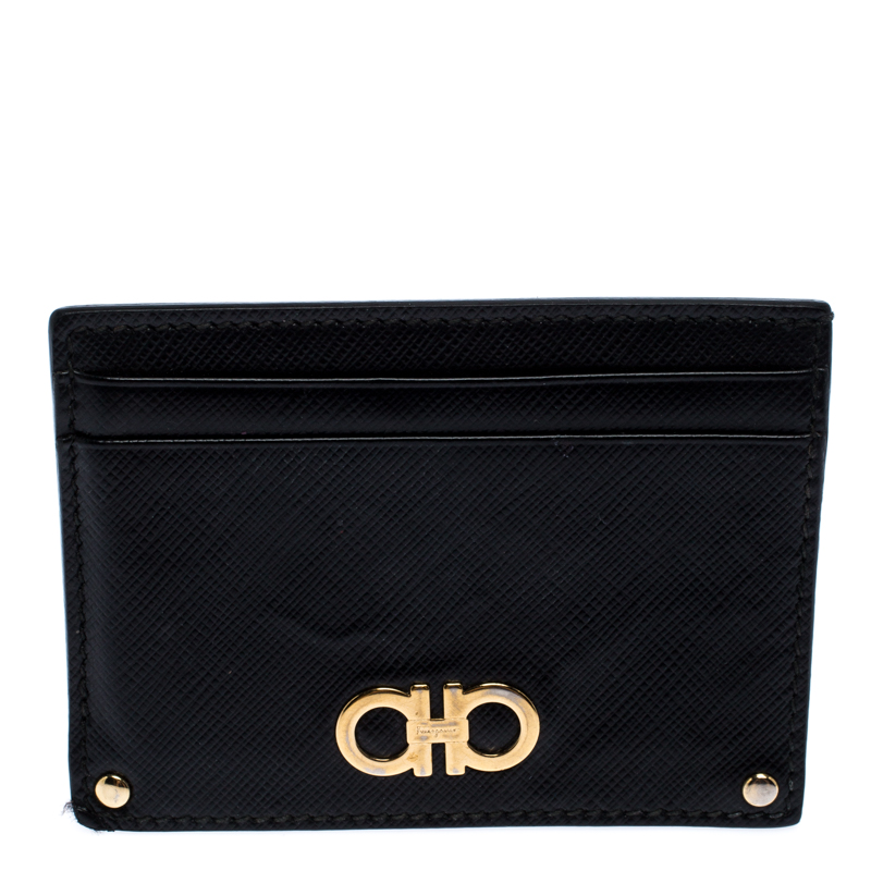 Pre Owned Salvatore Ferragamo Black Leather Gancini Card Holder