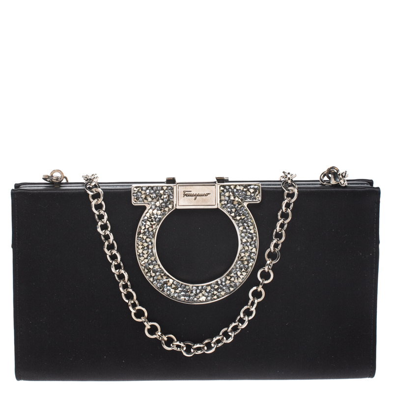 Pre Owned Salvatore Ferragamo Black Satin Musa Evening Chain Clutch