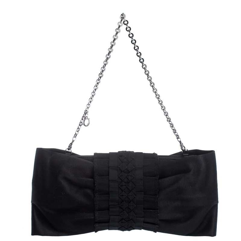 Pre-owned Salvatore Ferragamo Black Satin Bow Chain Clutch