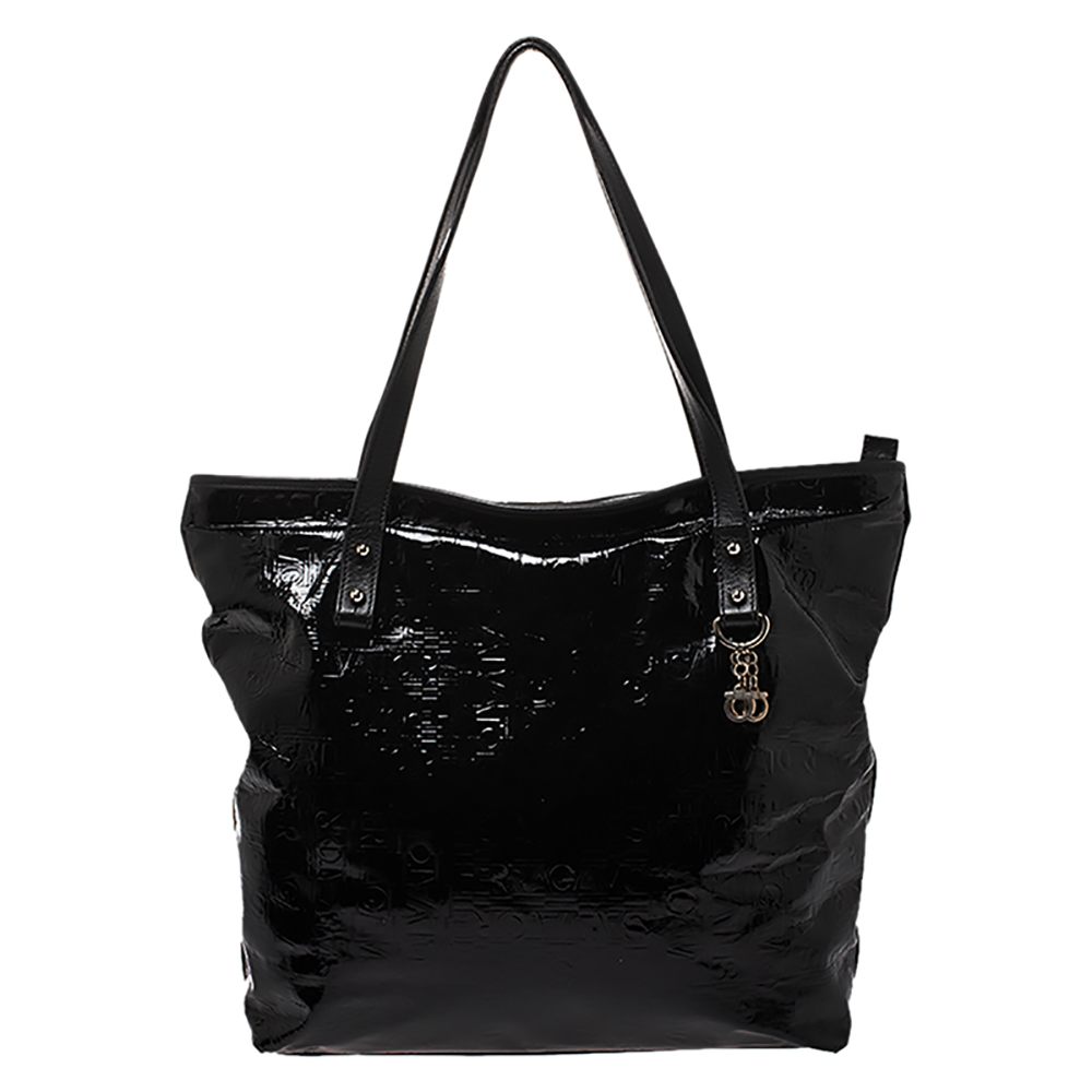 Pre Owned Salvatore Ferragamo Black Patent Leather Shopper Tote