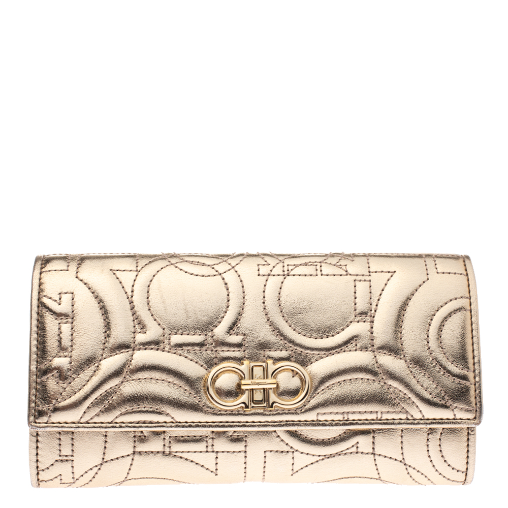 Pre Owned Salvatore Ferragamo Metallic Gold Leather Gancini Continental Wallet
