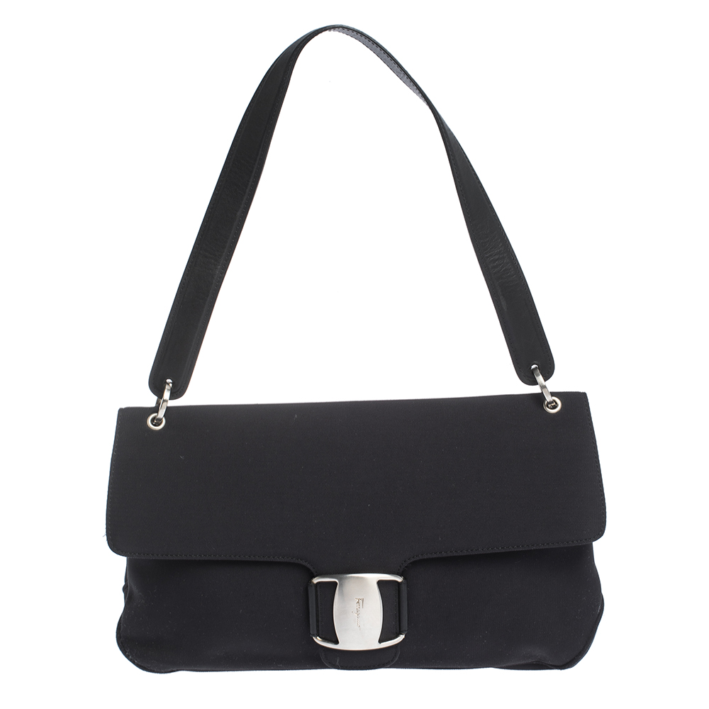 Pre Owned Salvatore Ferragamo Black Fabric and Leather Shoulder Bag