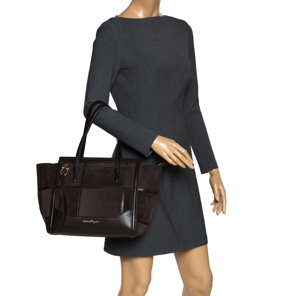 

Salvatore Ferragamo Dark Brown Canvas,Suede and Leather Patchwork Amy Tote