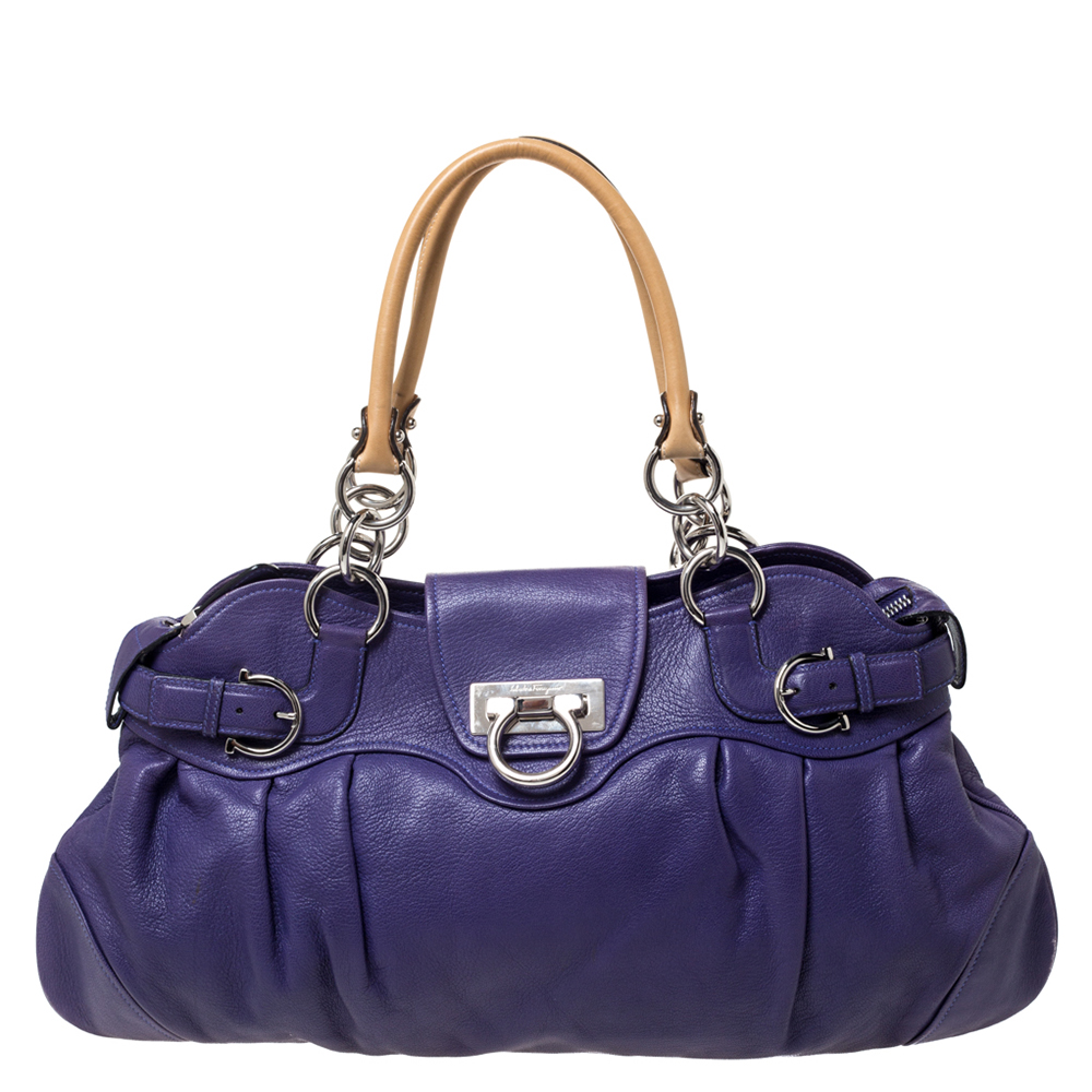 Click to view more detailed imagery on our partner's website Salvatore Ferragamo Purple/beige Leather Marissa Satchel