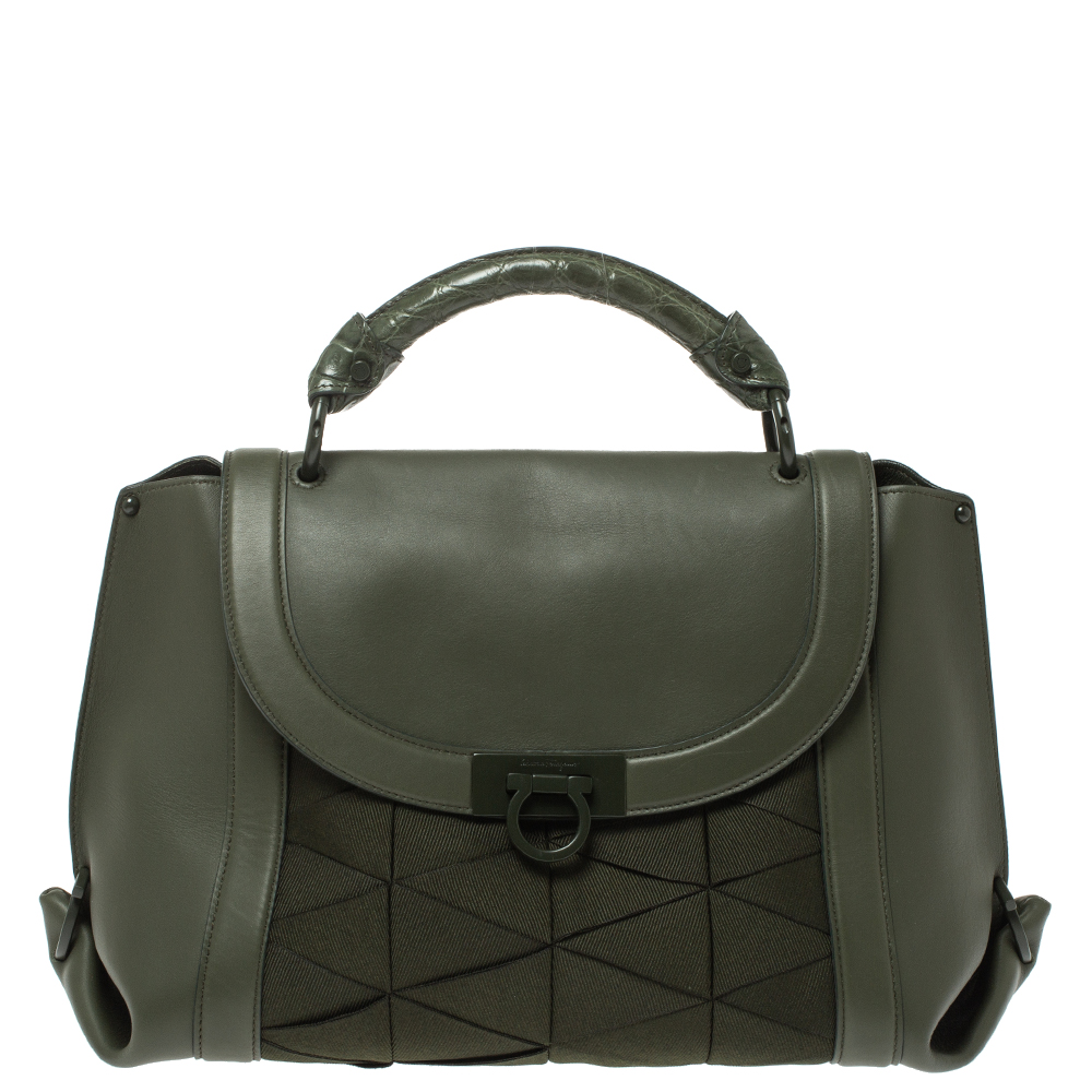 Click to view more detailed imagery on our partner's website Pre-owned Salvatore Ferragamo Military Green Fabric And Leather Sofia Top Handle Bag