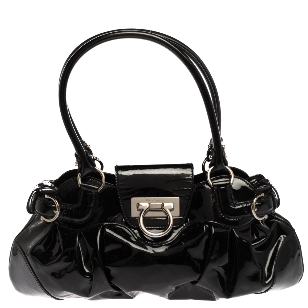 FERRAGAMO BLACK PATENT LEATHER MARISA SATCHEL