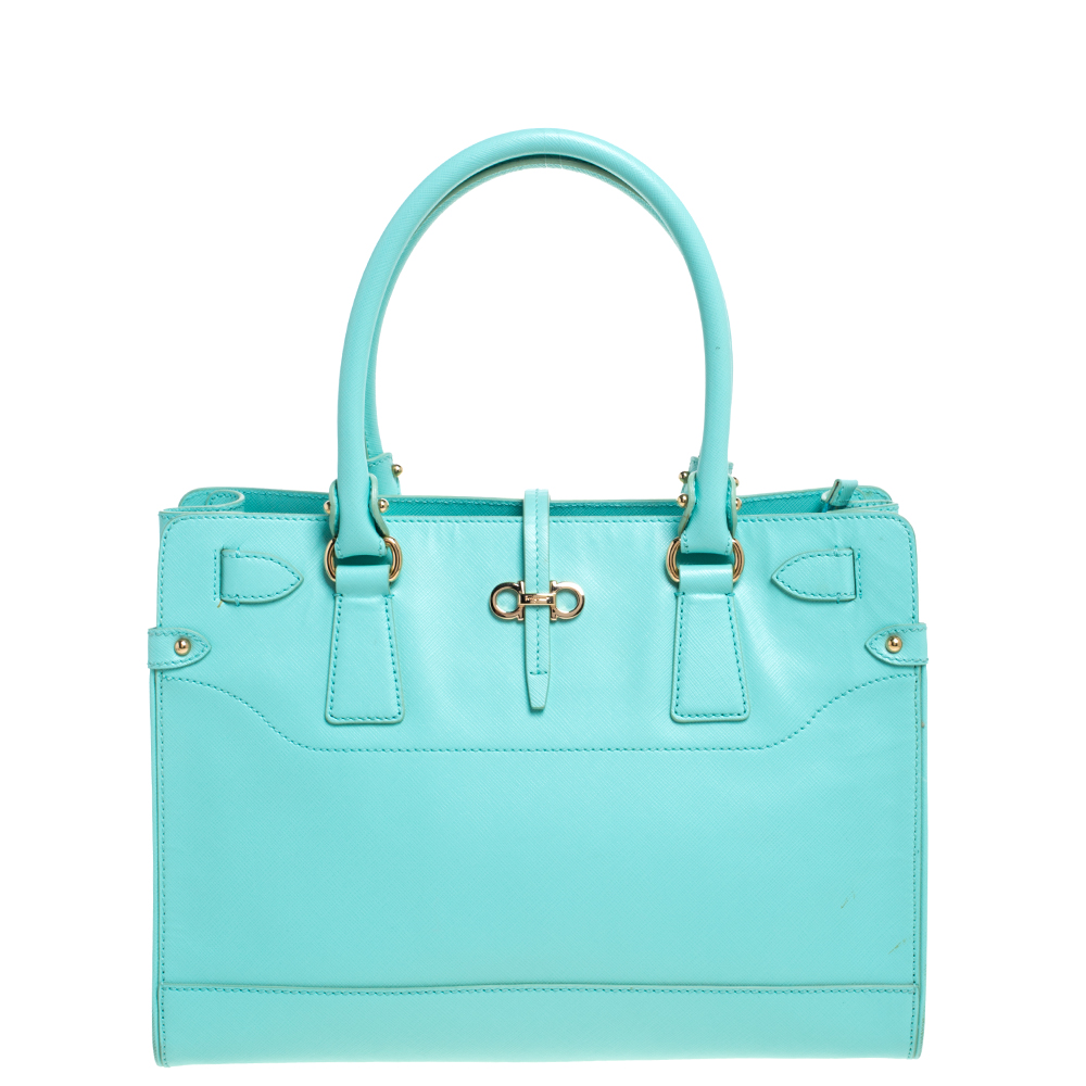 Click to view more detailed imagery on our partner's website Pre-owned Salvatore Ferragamo Turquoise Leather Briana Tote In Green