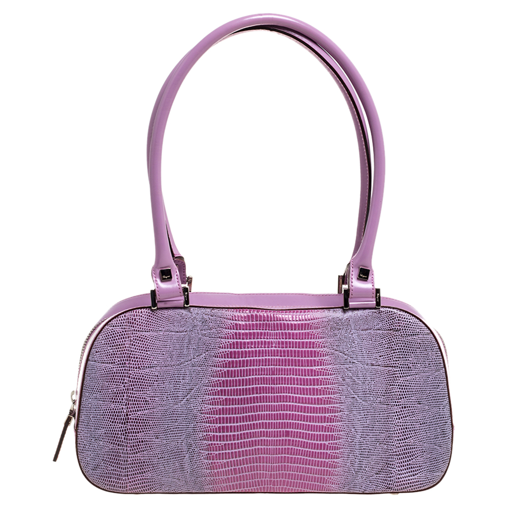 Click to view more detailed imagery on our partner's website Pre-owned Salvatore Ferragamo Lavender Lizard And Leather Satchel In Purple