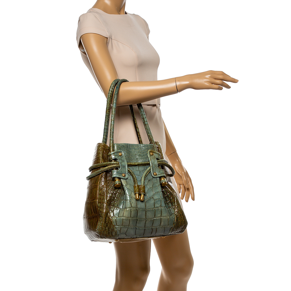 

Salvatore Ferragamo Olive Green/Light Teal Alligator Bucket Bag