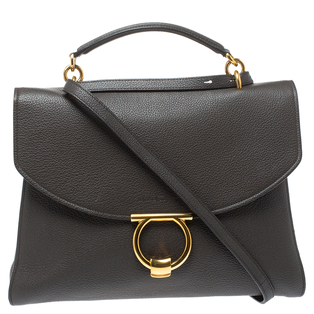 Salvatore Ferragamo Dark Brown Leather Gancini Top Handle Bag