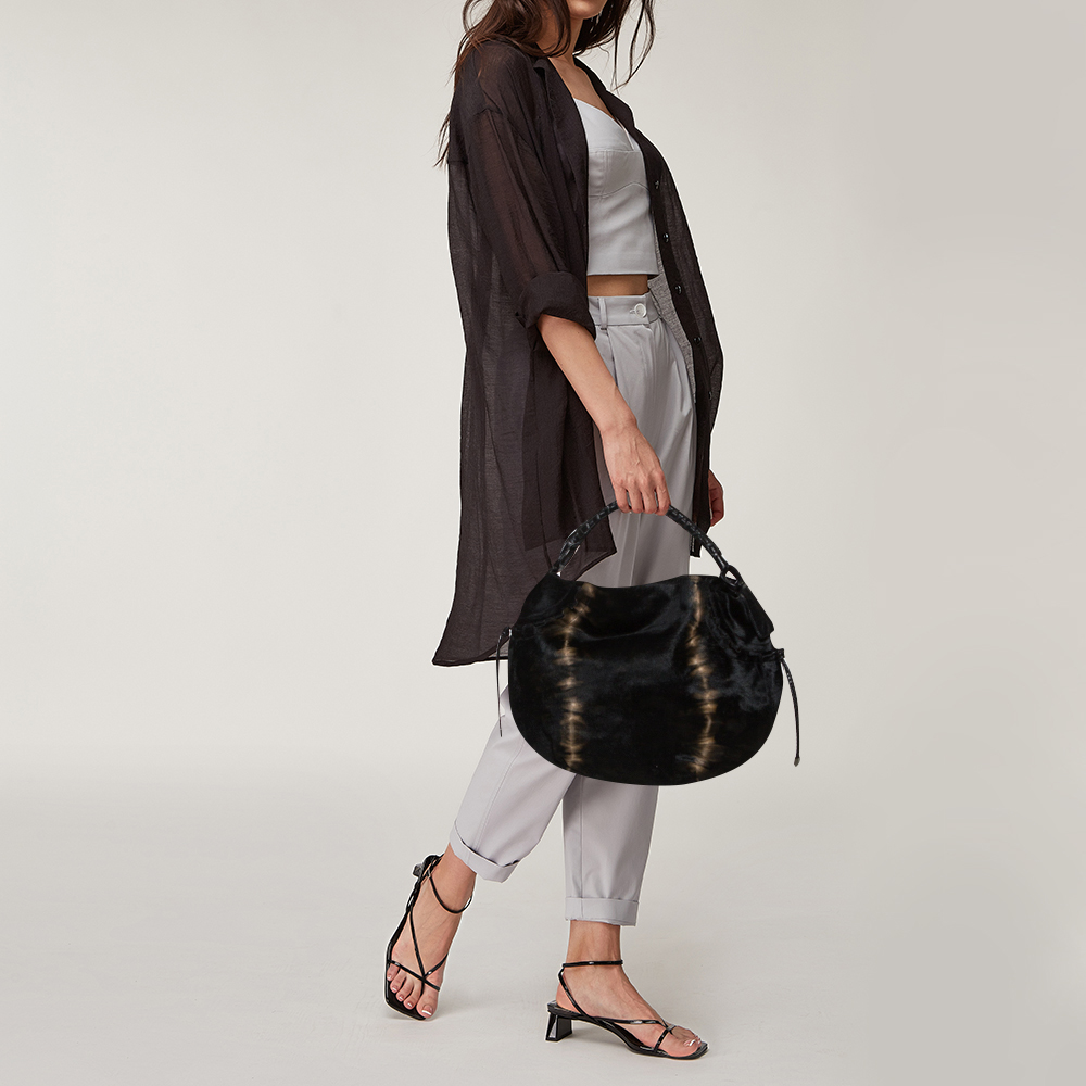 

Salvatore Ferregamo Black Calfhair and Leather Federica Hobo