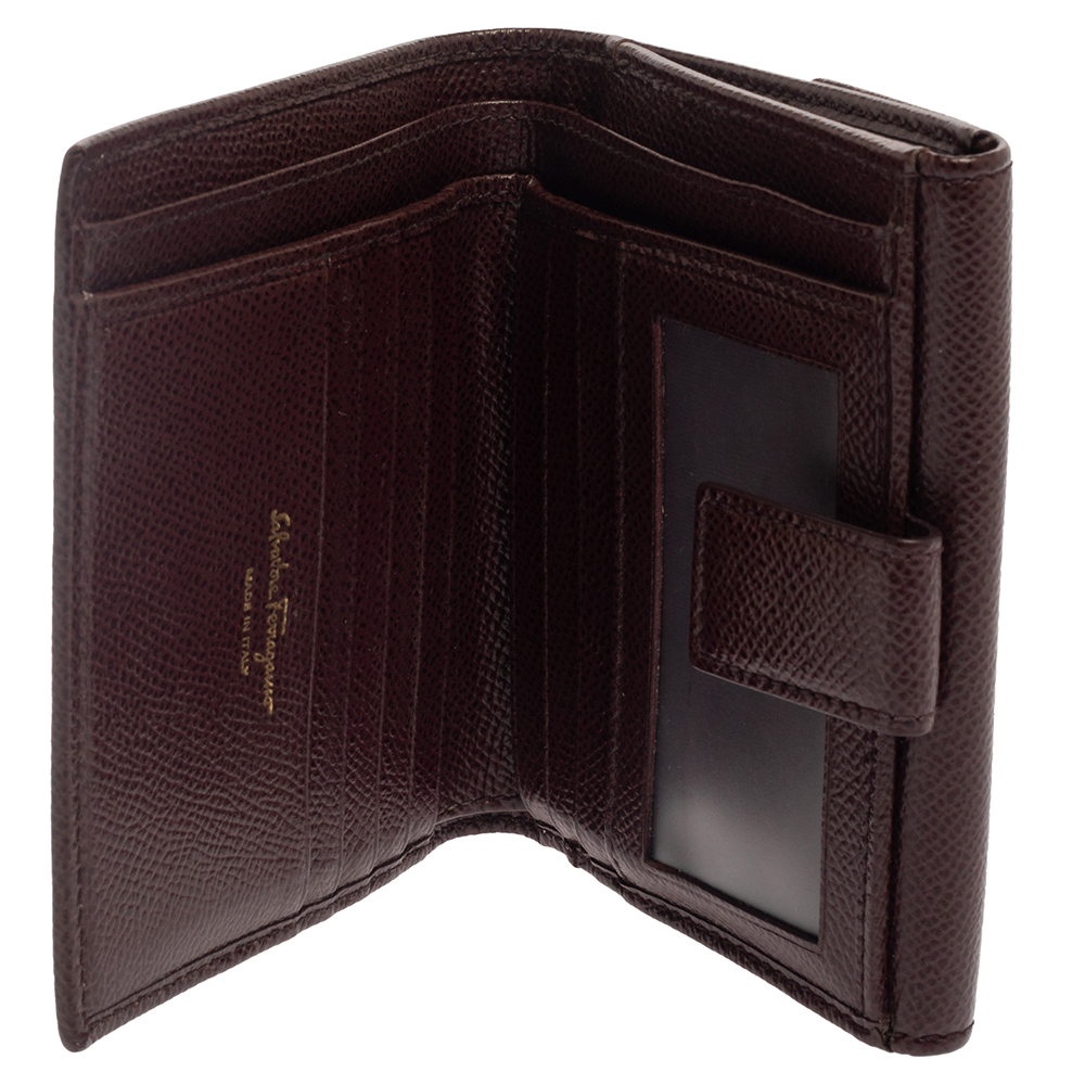 

Salvatore Ferragamo Burgundy Grained Leather Gancini Clip Compact Wallet