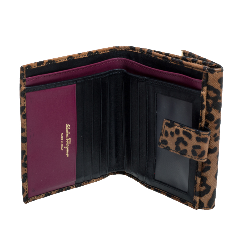 

Salvatore Ferragamo Leopard Print Leather Gancio Bit Compact Wallet, Brown