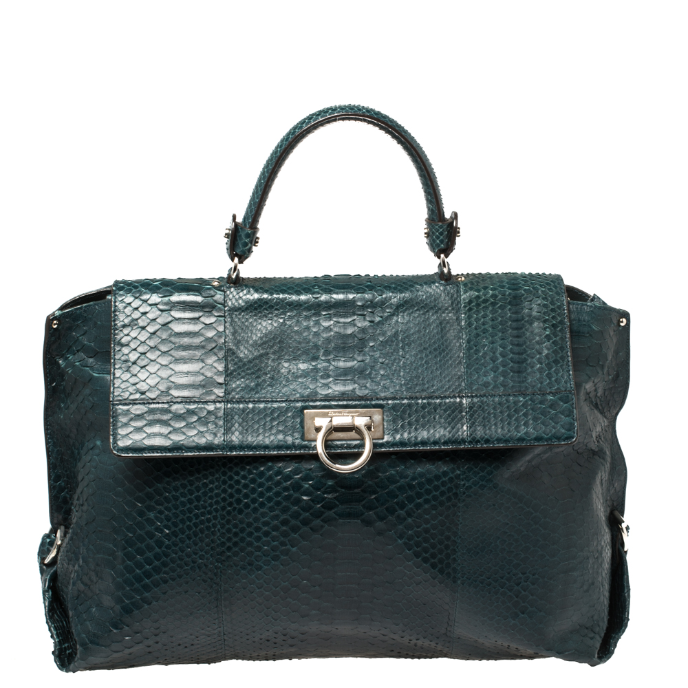 Pre-owned Ferragamo Dark Teal Python Sofia Top Handle Bag In Green ...