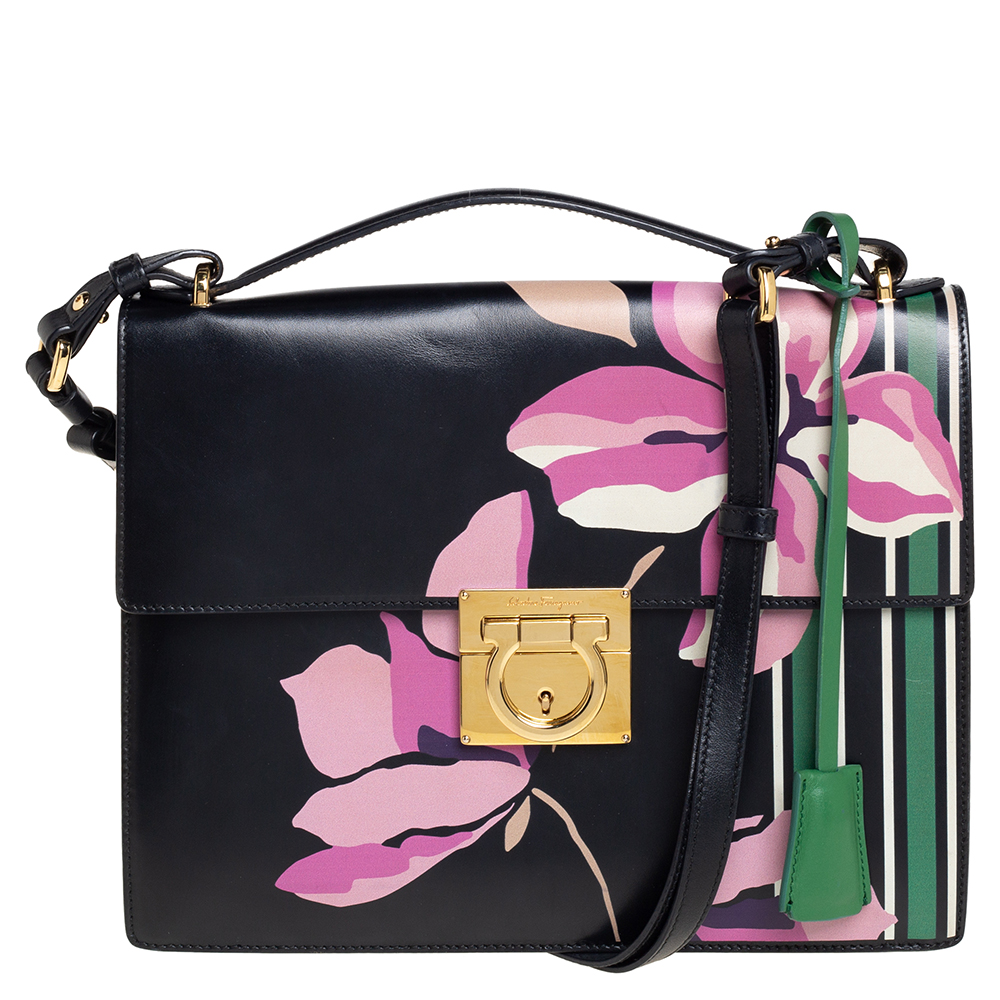 

Salvatore Ferragamo Black Floral Print Leather Marisol Shoulder Bag