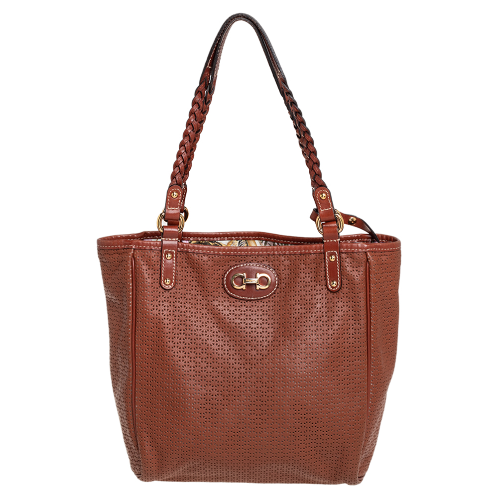 Pre-owned Ferragamo Brown Perforated Leather Braided Handle Tote