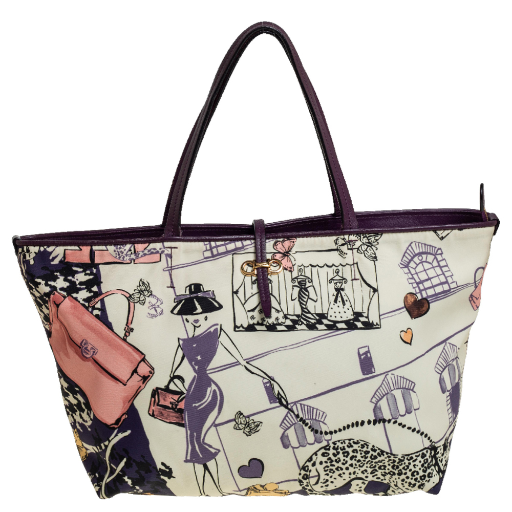Click to view more detailed imagery on our partner's website Pre-owned Salvatore Ferragamo Multicolor Bice Scarf Printed Nylon And Leather Zip Tote