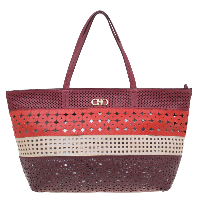 مملوكة مسبقًا Salvatore Ferragamo Multicolor Leather Laser Cut Shopper Tote