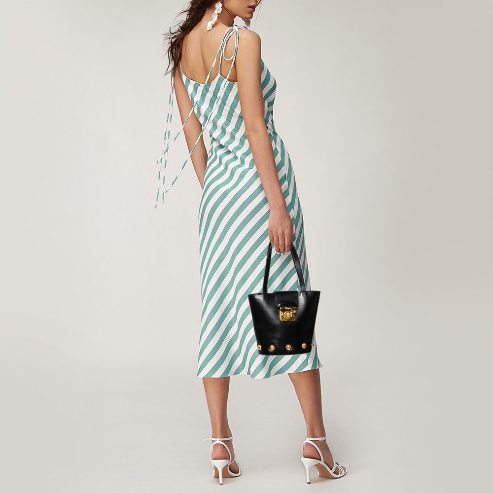 

Salvatore Ferragamo Black Leather Vintage Flap-Lock Bucket Bag