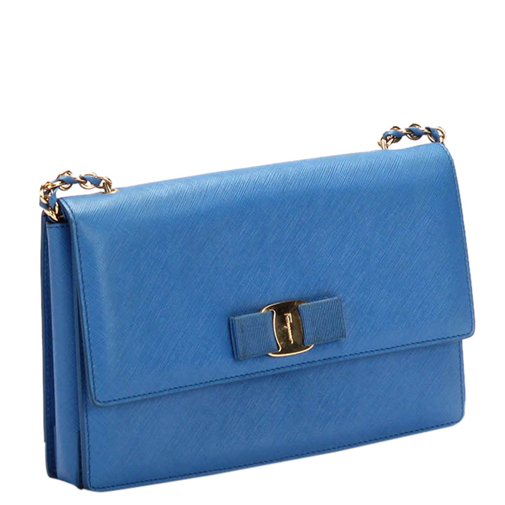 

Salvatore Ferragamo Blue Leather Feragamo Vara Ribbon Chain Shoulder Bag