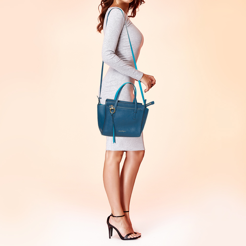 

Salvatore Ferragamo Blue Pebbled Leather Mini Amy Tote Bag