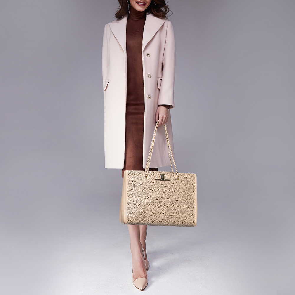 

Salvatore Ferragamo Beige Laser Cut Leather Chain Tote
