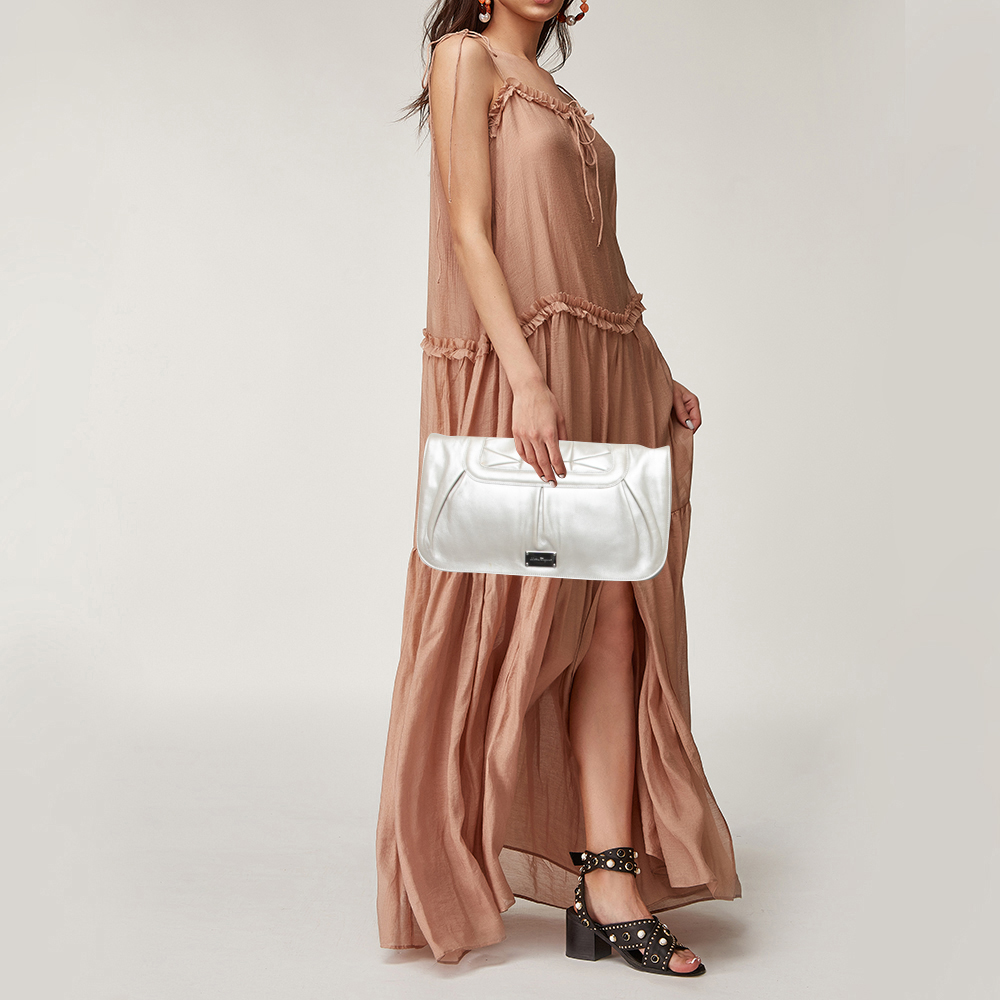

Salvatore Ferragamo Silver Pleated Leather Oversized Clutch