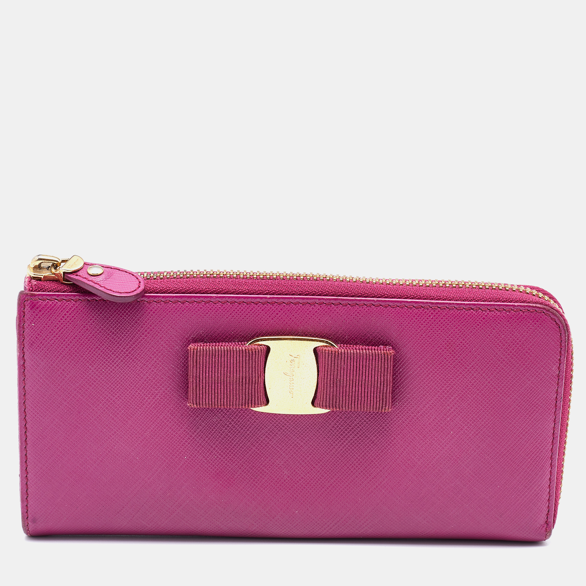 Pre-owned Ferragamo Pink Saffiano Leather Vara Bow Zip Continental Wallet