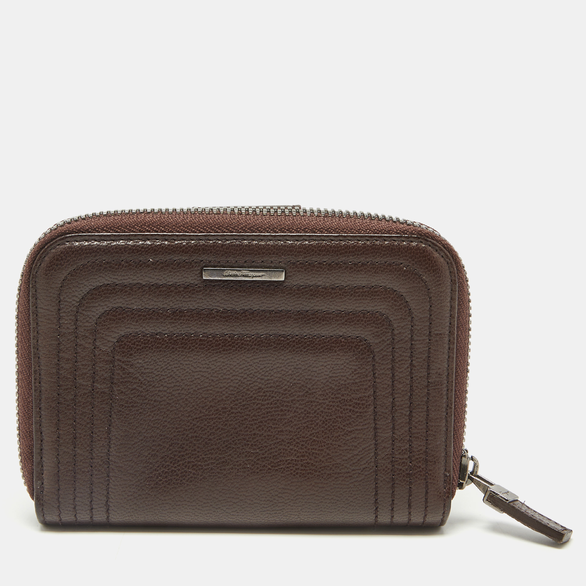 Pre-owned Ferragamo Dark Brown Leather Zip Around Compact Wallet