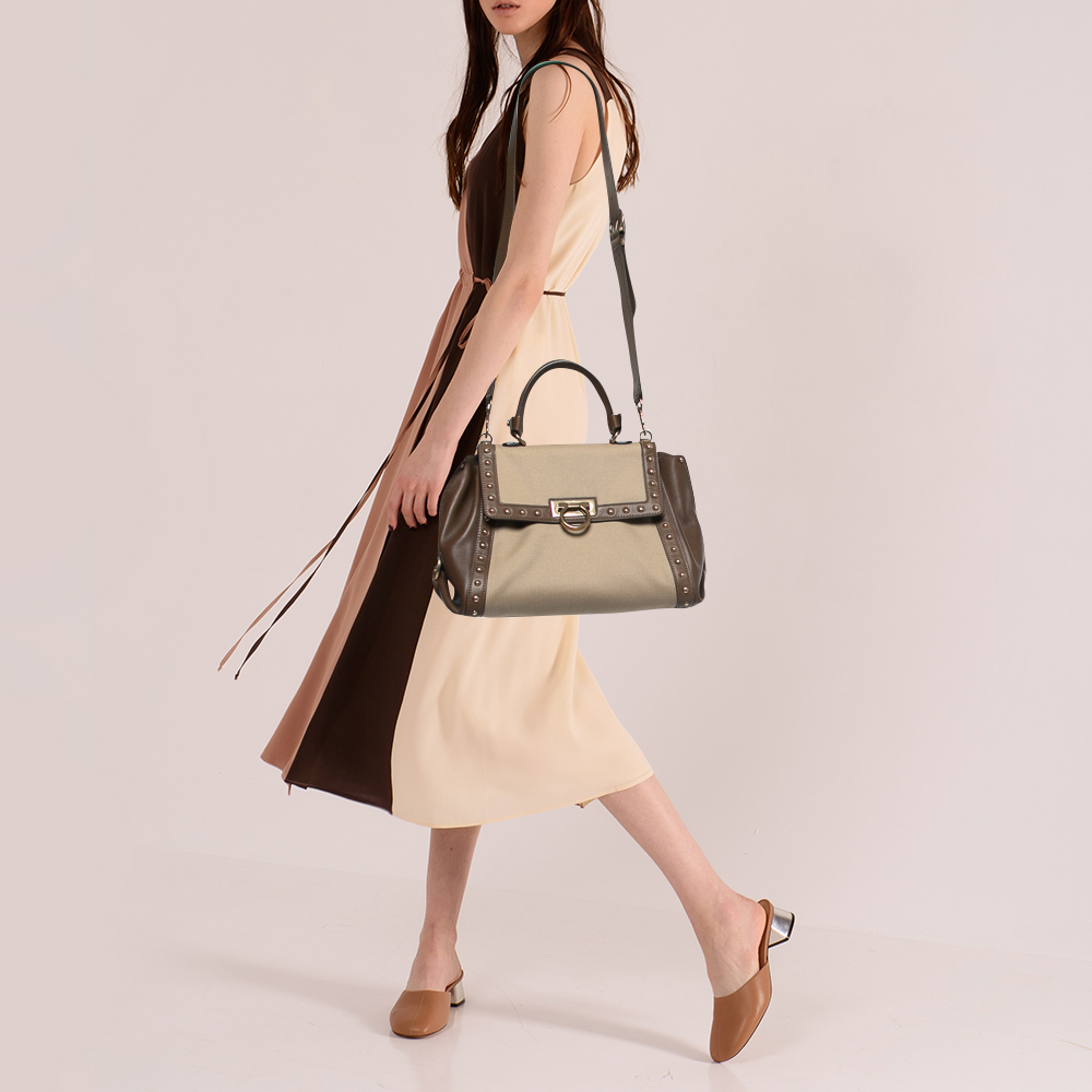 

Salvatore Ferragamo Olive Green/Beige Canvas and Leather Medium Sofia Top Handle Bag