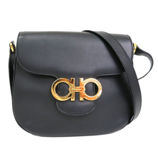 Pre Owned Salvatore Ferragamo Black Leather Gancini Shoulder Bag