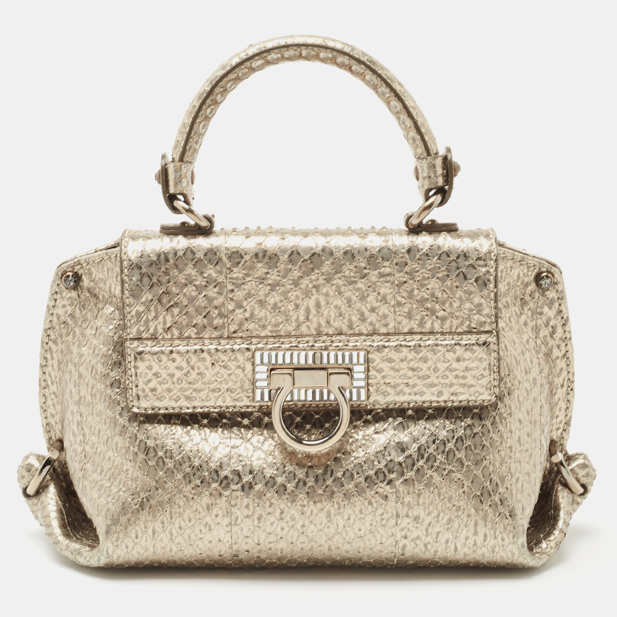 Pre-owned Ferragamo Metallic Snakeskin Leather Mini Sofia Top Handle Bag