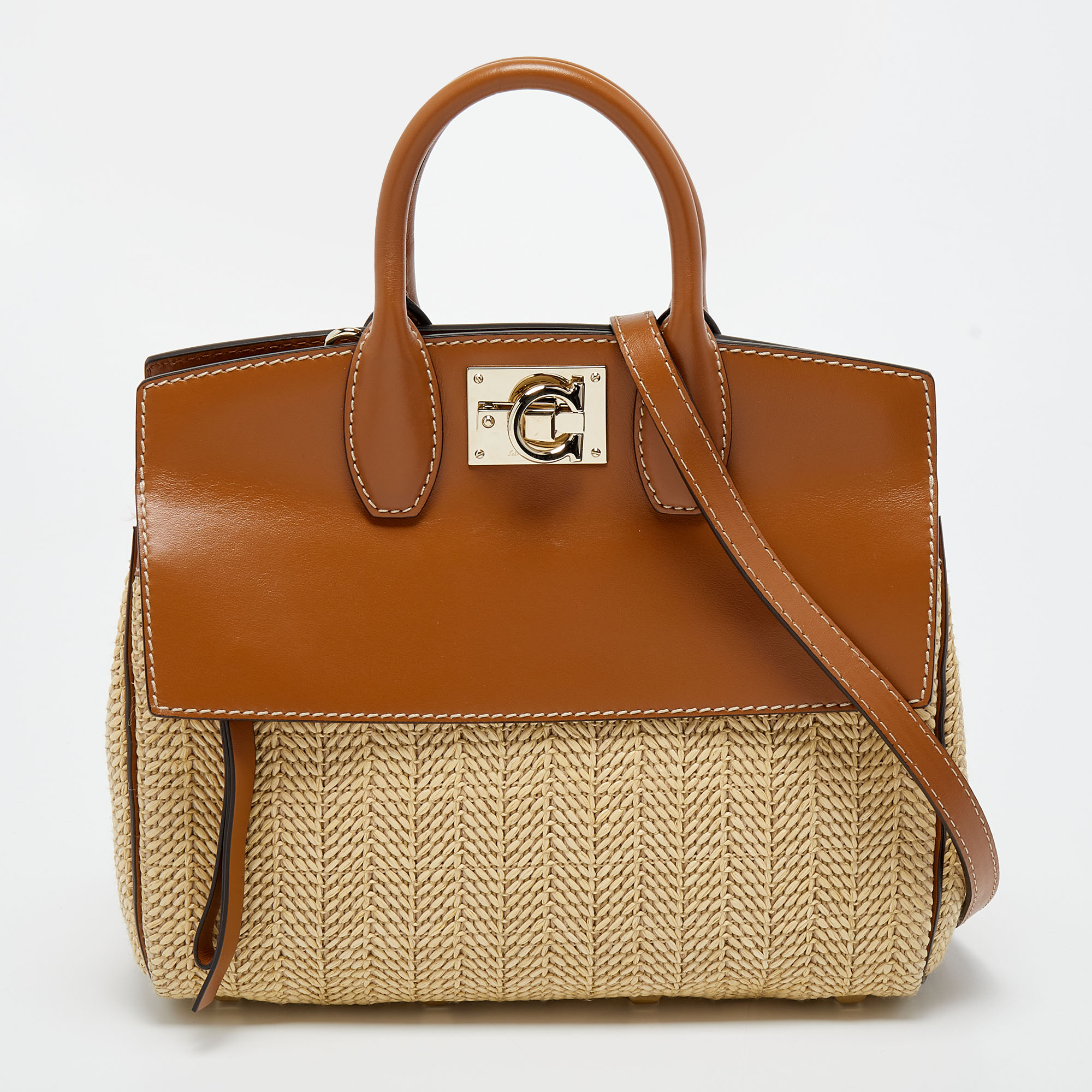 トートバッグ Salvatore Ferragamo Raffia And Leather Big Shopping Bag FERRAGAMO Large F. Signature Raffia & Leather Tote Bag
