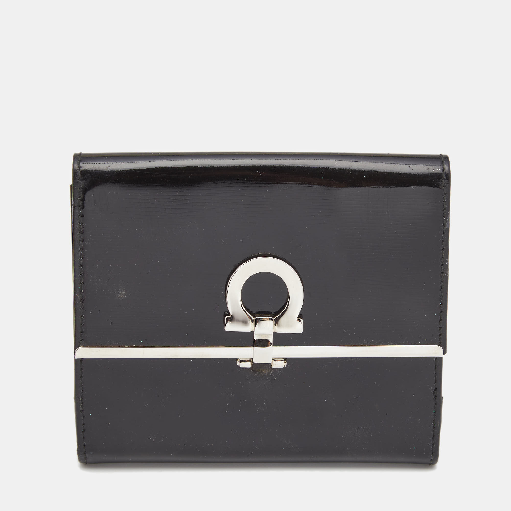 Pre-owned Ferragamo Black Patent Leather Gancini Tri Fold Wallet