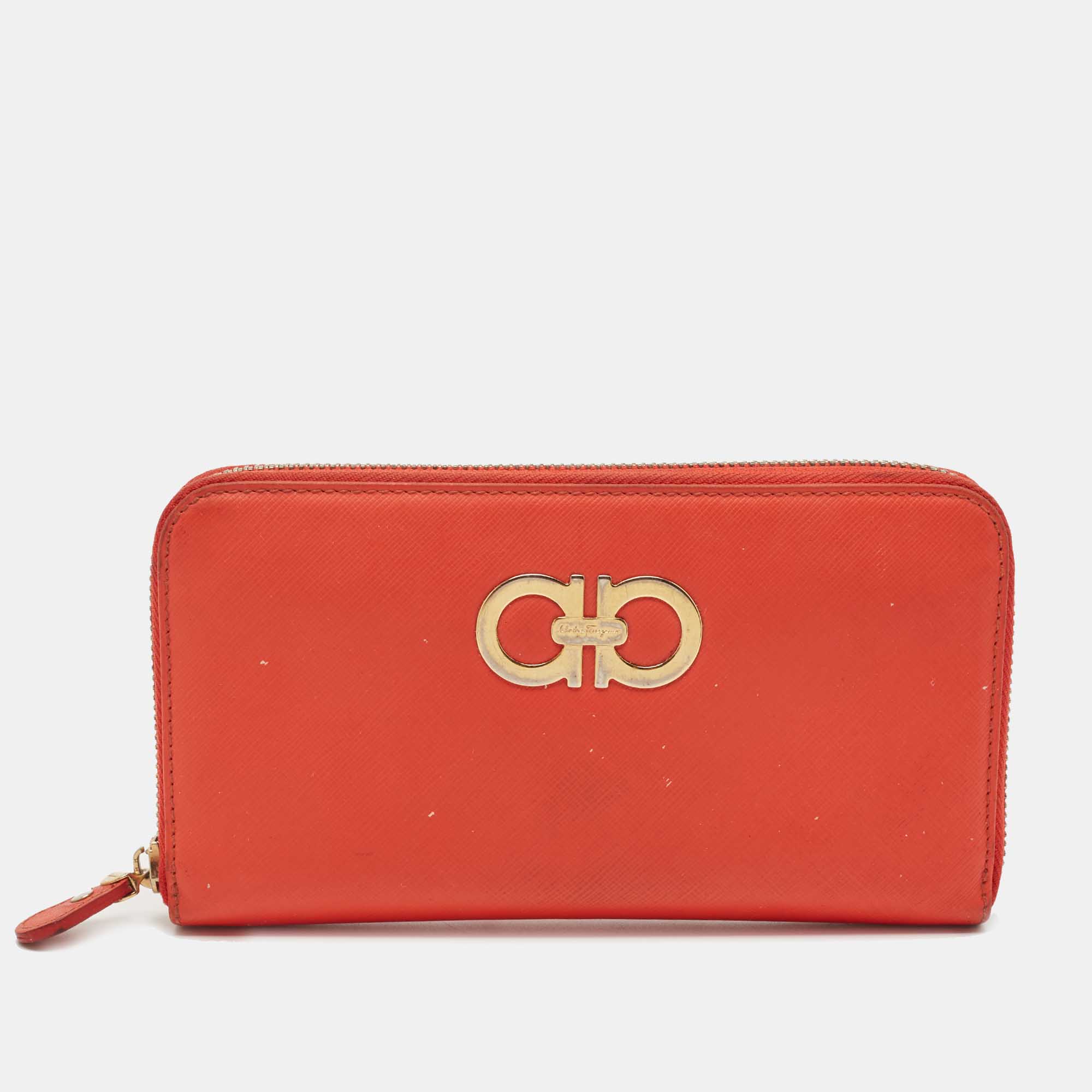 Pre-owned Ferragamo Orange Leather Double Gancio Zip Around Wallet