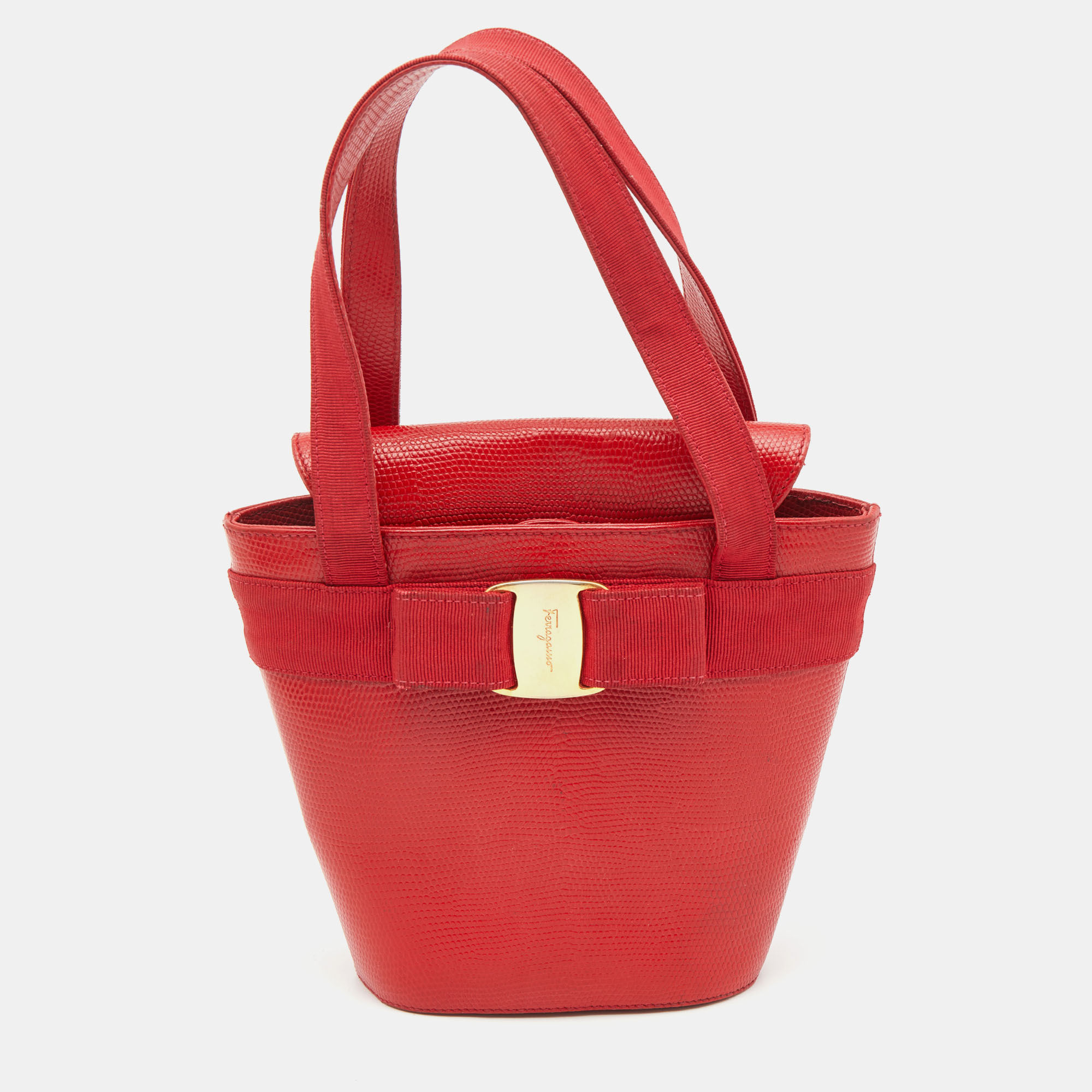 Pre-owned Ferragamo Red Lizard Embossed Leather Mini Bow Tote