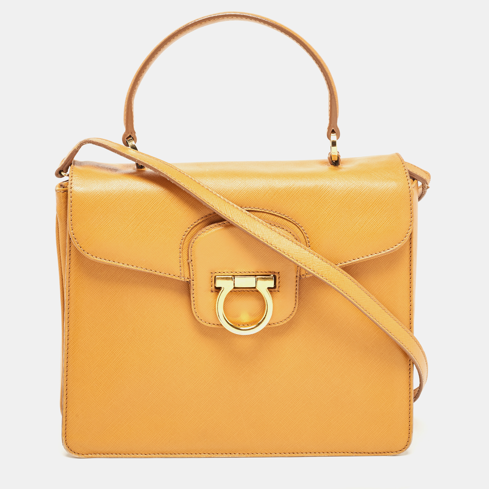 Pre-owned Ferragamo Mustard Leather Kelly Top Handle Bag In Yellow