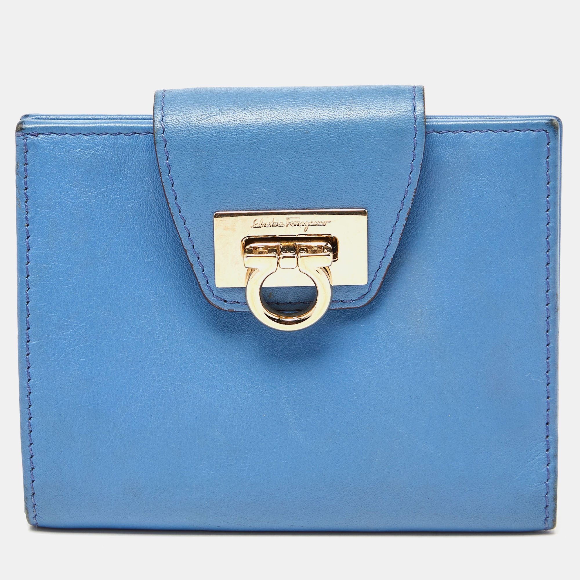 Pre-owned Ferragamo Blue Leather Gancini Wallet