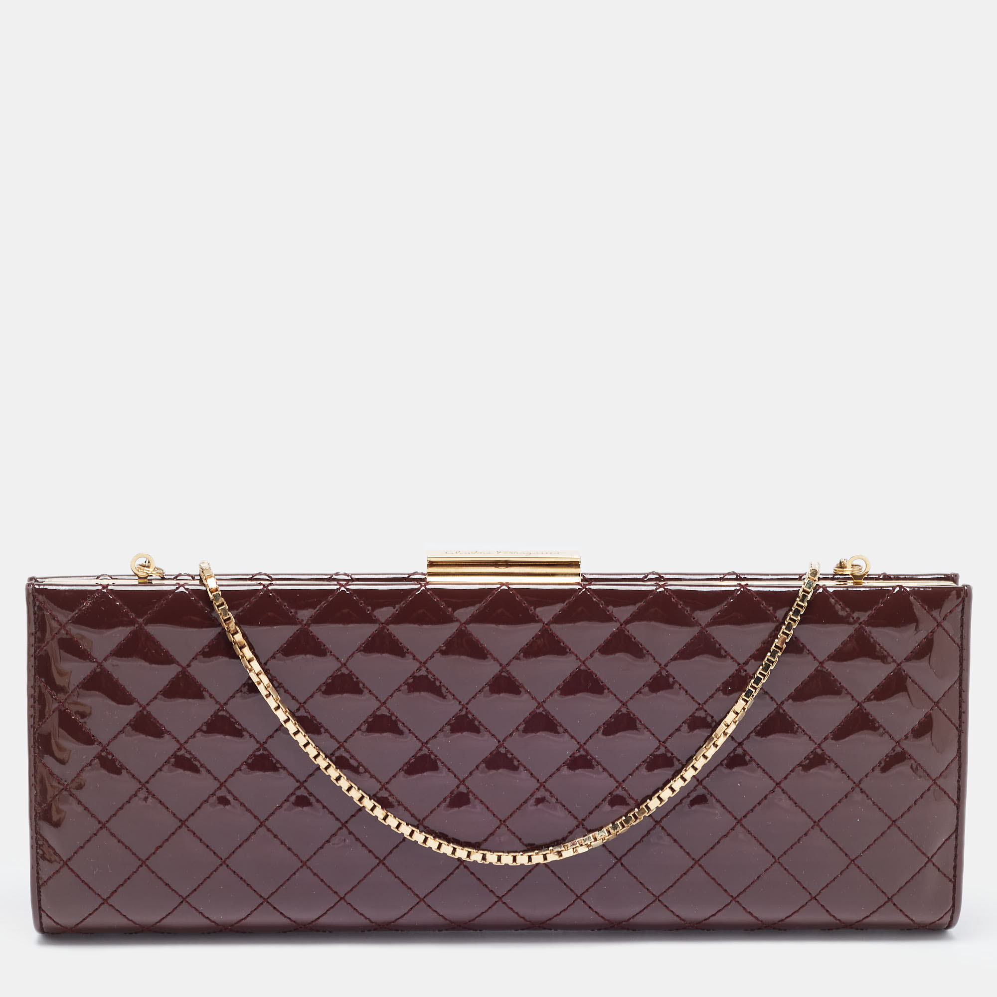 Pre Owned Salvatore Ferragamo Burgundy Quilted Patent Leather Chain Clutch