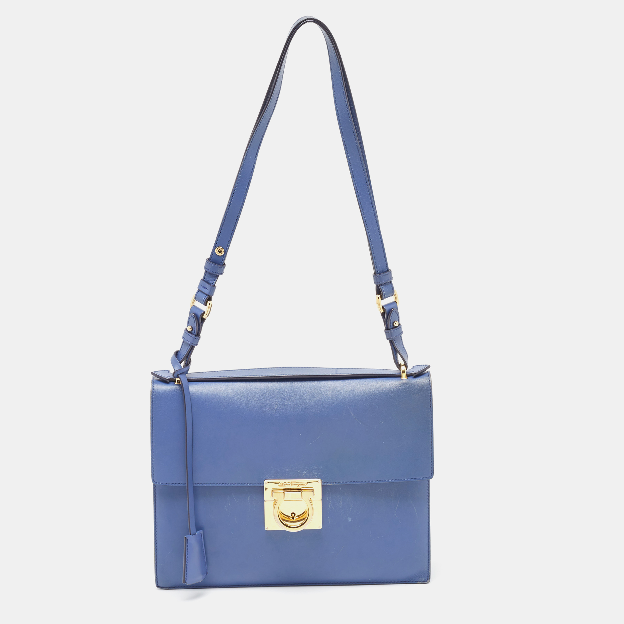 Pre-owned Ferragamo Blue Leather Marisol Top Handle Bag