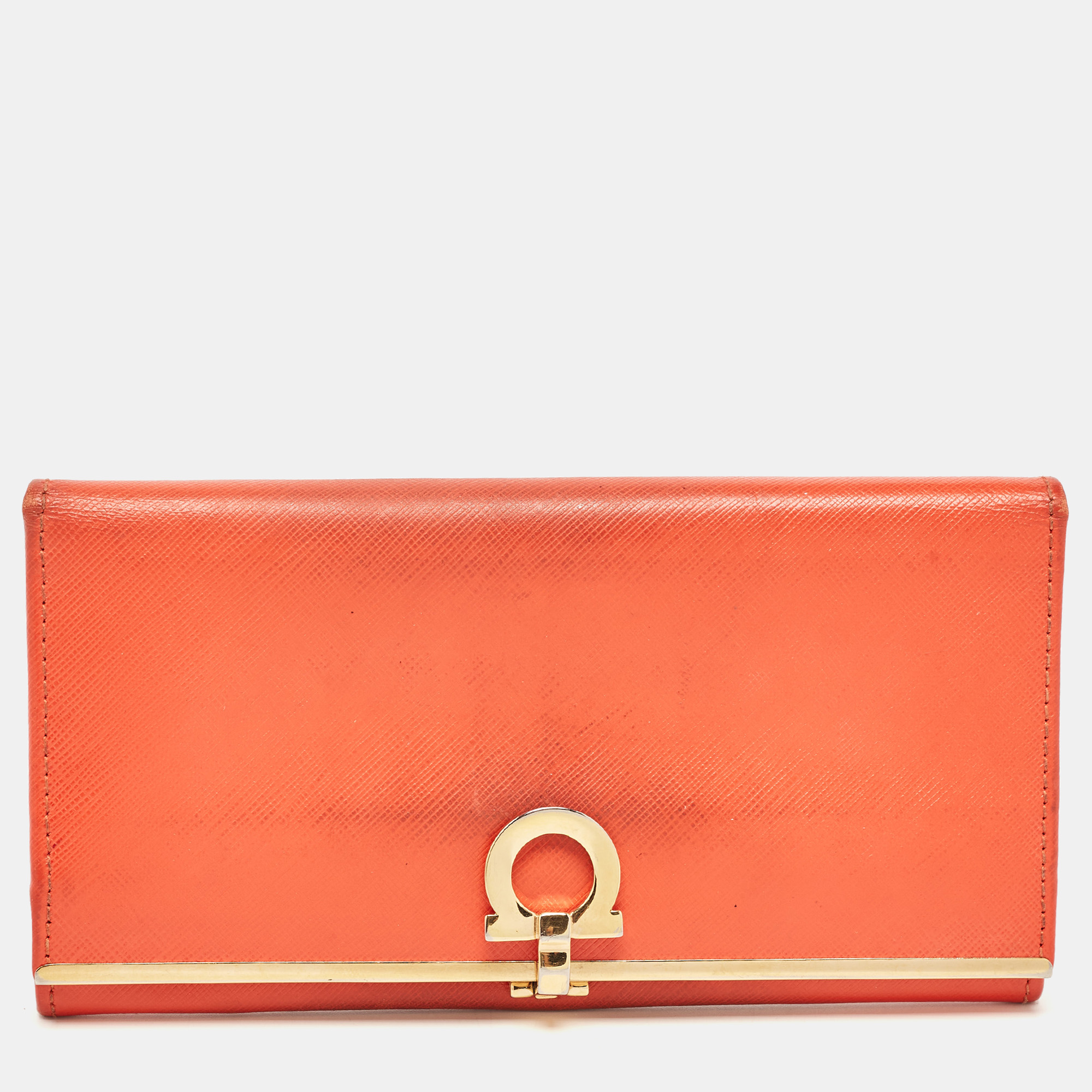 Pre-owned Ferragamo Orange Leather Gancini Icona Continental Wallet