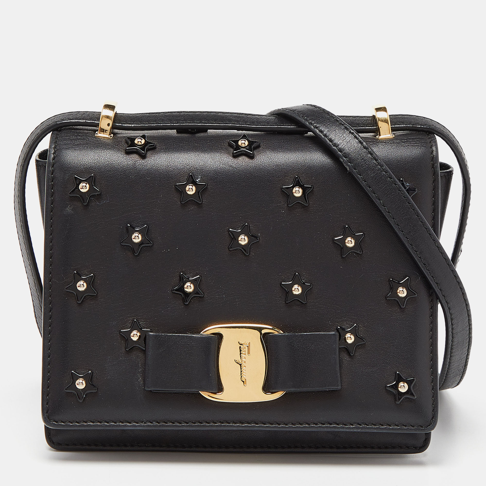 Pre-owned Ferragamo Black Leather Vara Bow Embellished Crossbody Bag