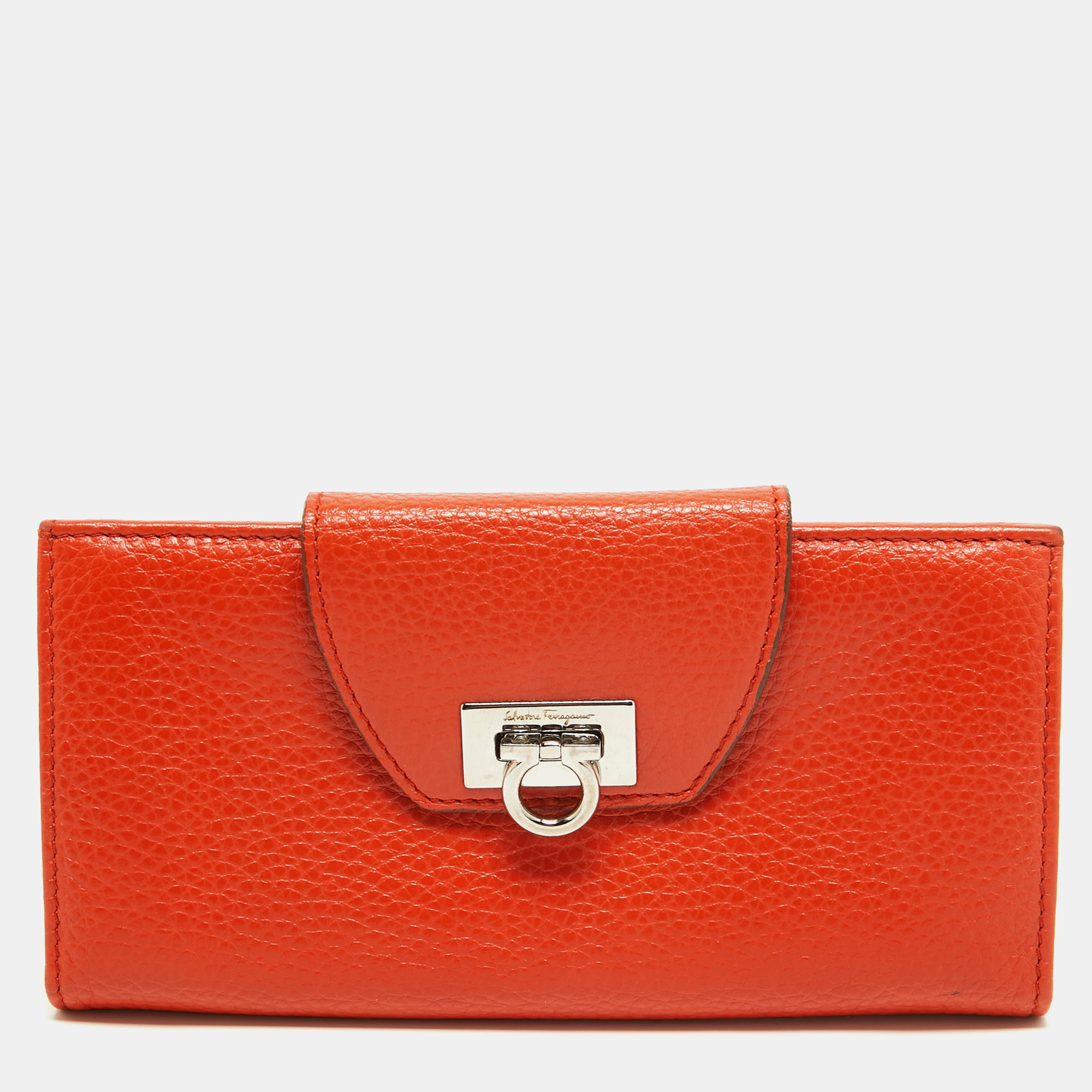 

Salvatore Ferragamo Orange Leather Gancini Clasp Flap Wallet