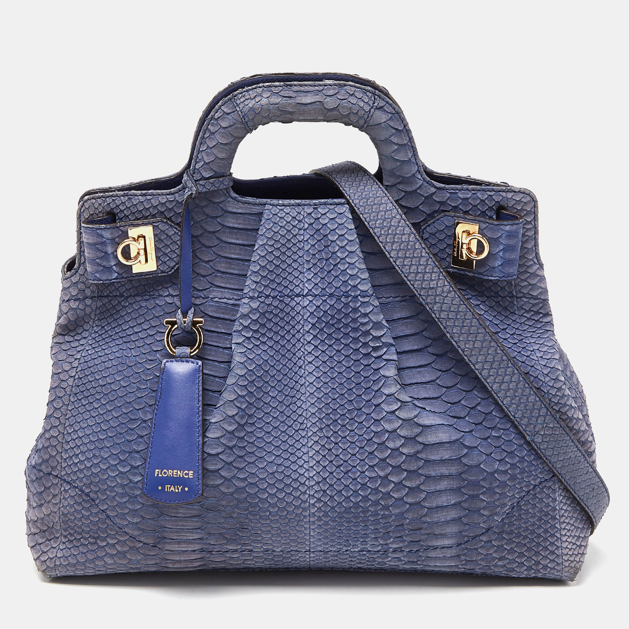 Pre Owned Salvatore Ferragamo Blue Python Gancini Satchel
